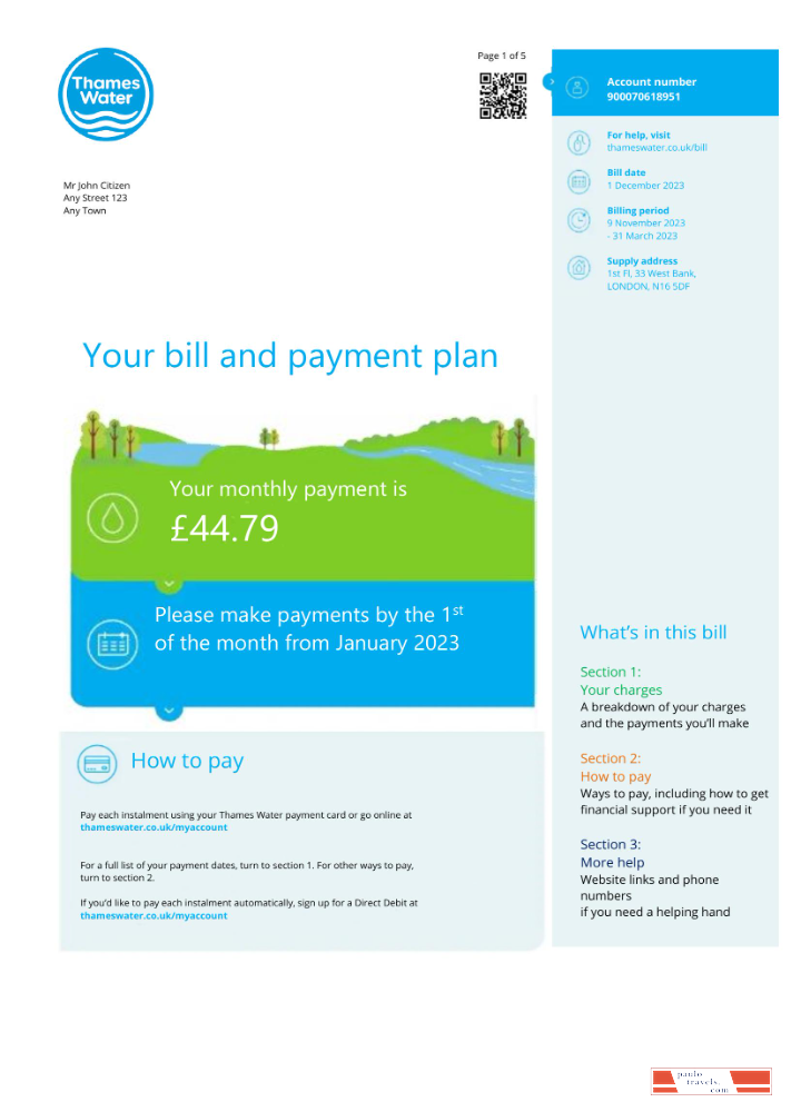UNITED KINGDOM THAMES WATER utility bill Word and PDF template, version 3